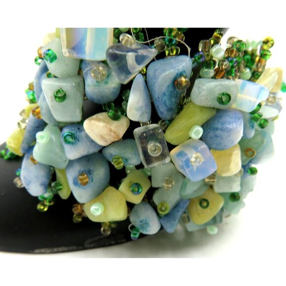 Beaded Stone Chip Wide Cuff Bracelet Green Blue Boho Chunky Statement - Picture 3 of 8